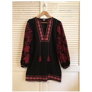 Talitha Embroidered Black and Pink Balloon Sleeve Tunic Dress